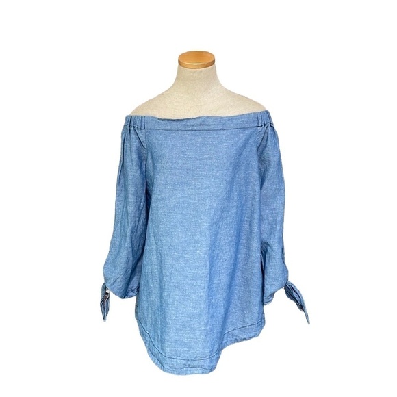 Free People Shirt Top Blouse Off The Shoulder Blue Chambray Size Small - Picture 1 of 10